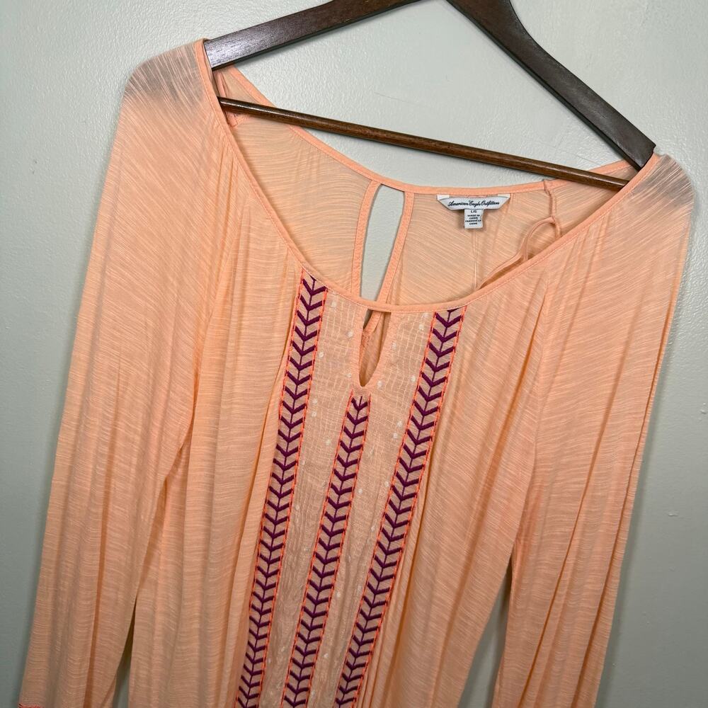 American Eagle Women’s L Embroidered Tunic Top Semi Sheer Peach Keyhole Boho NEW